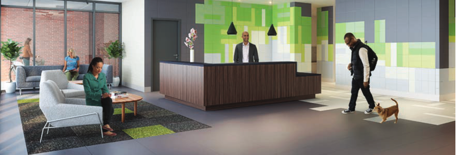 an artist 's impression of a lobby with a woman sitting on a couch and a man walking a dog .