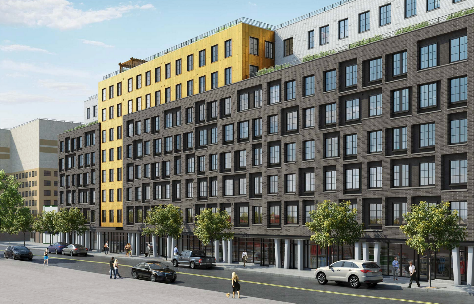 an artist 's impression of a large brick building next to a street .