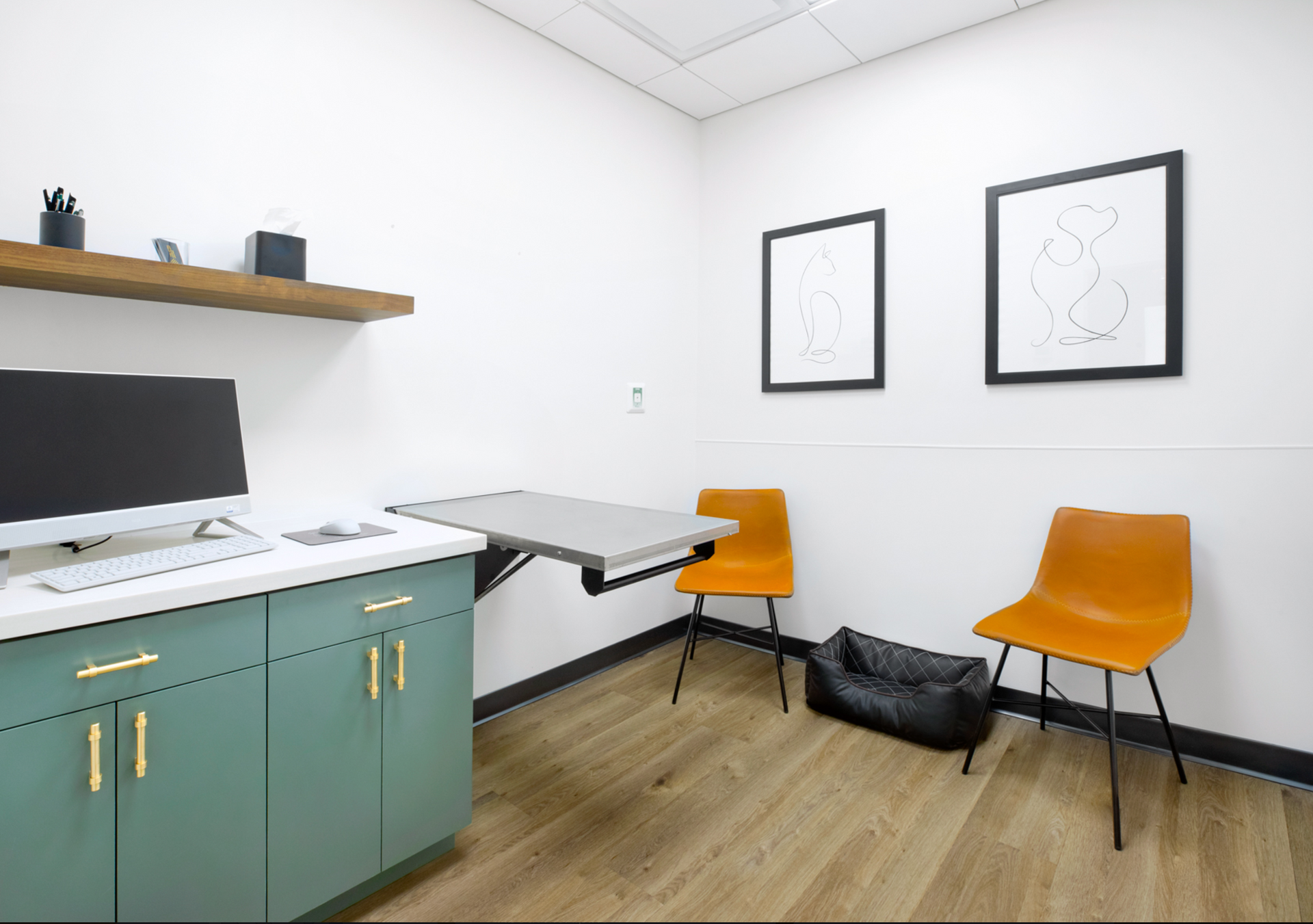 A veterinarian 's office with a table , chairs , and a computer.