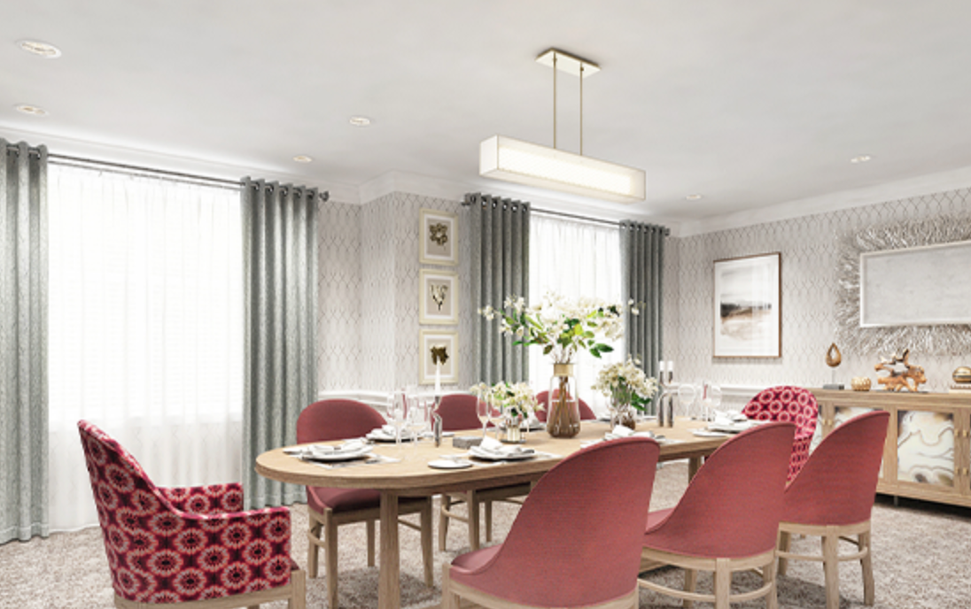 An artist 's impression of a dining room with a table and chairs.