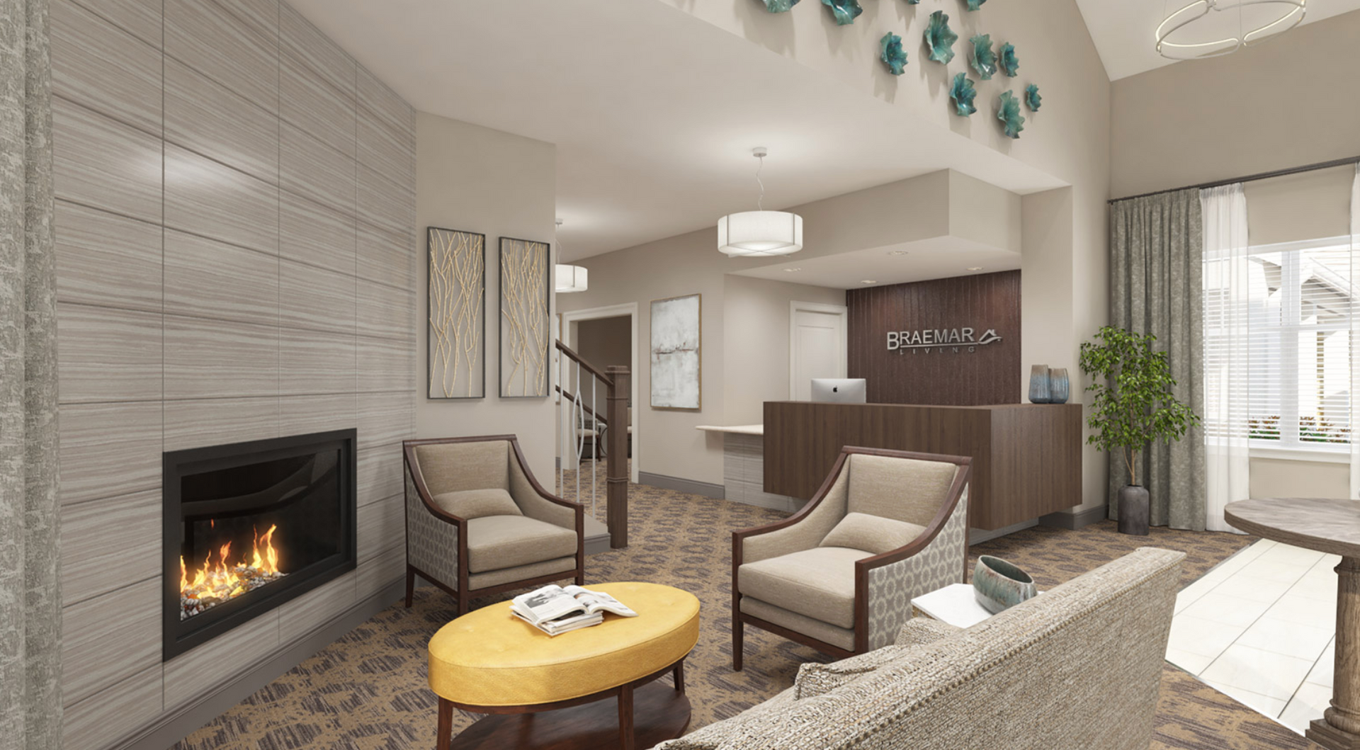 An artist 's impression of a living room with a fireplace and chairs.