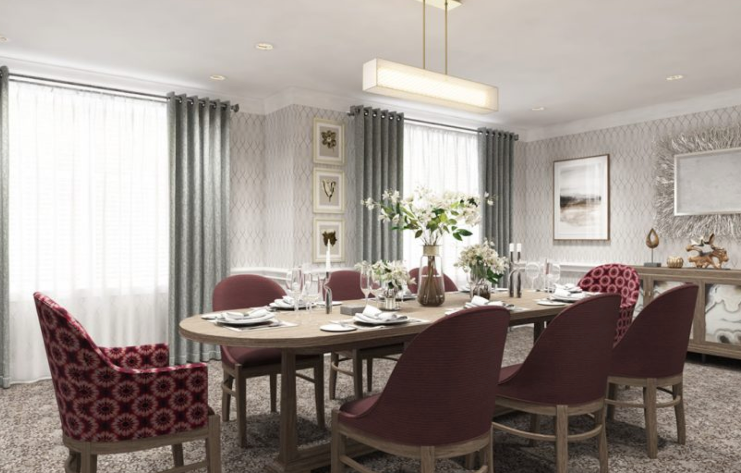 An artist 's impression of a dining room with a long table and chairs.