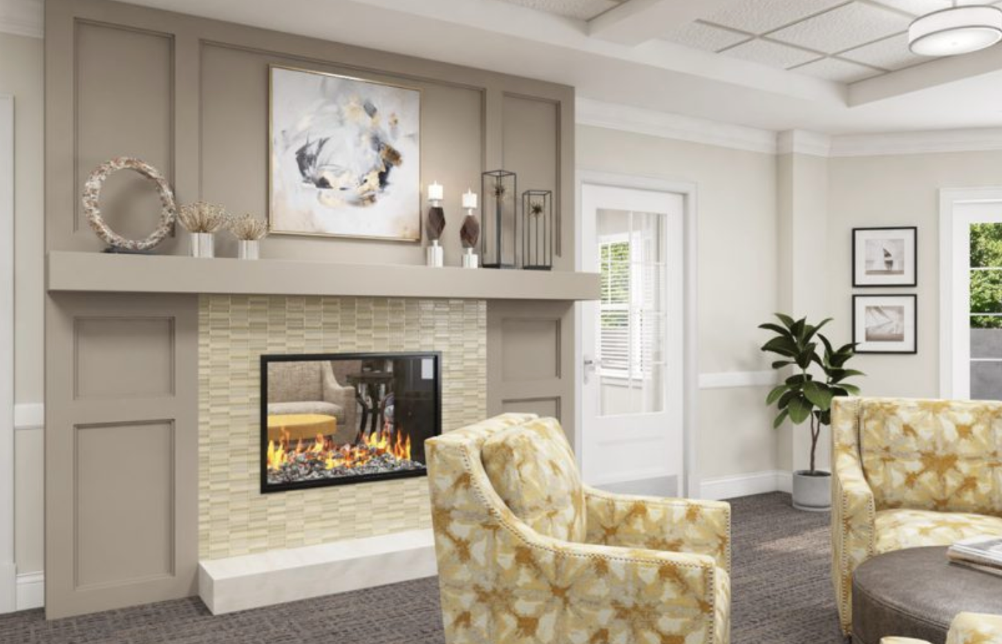 A living room with a fireplace , chairs , and a table.