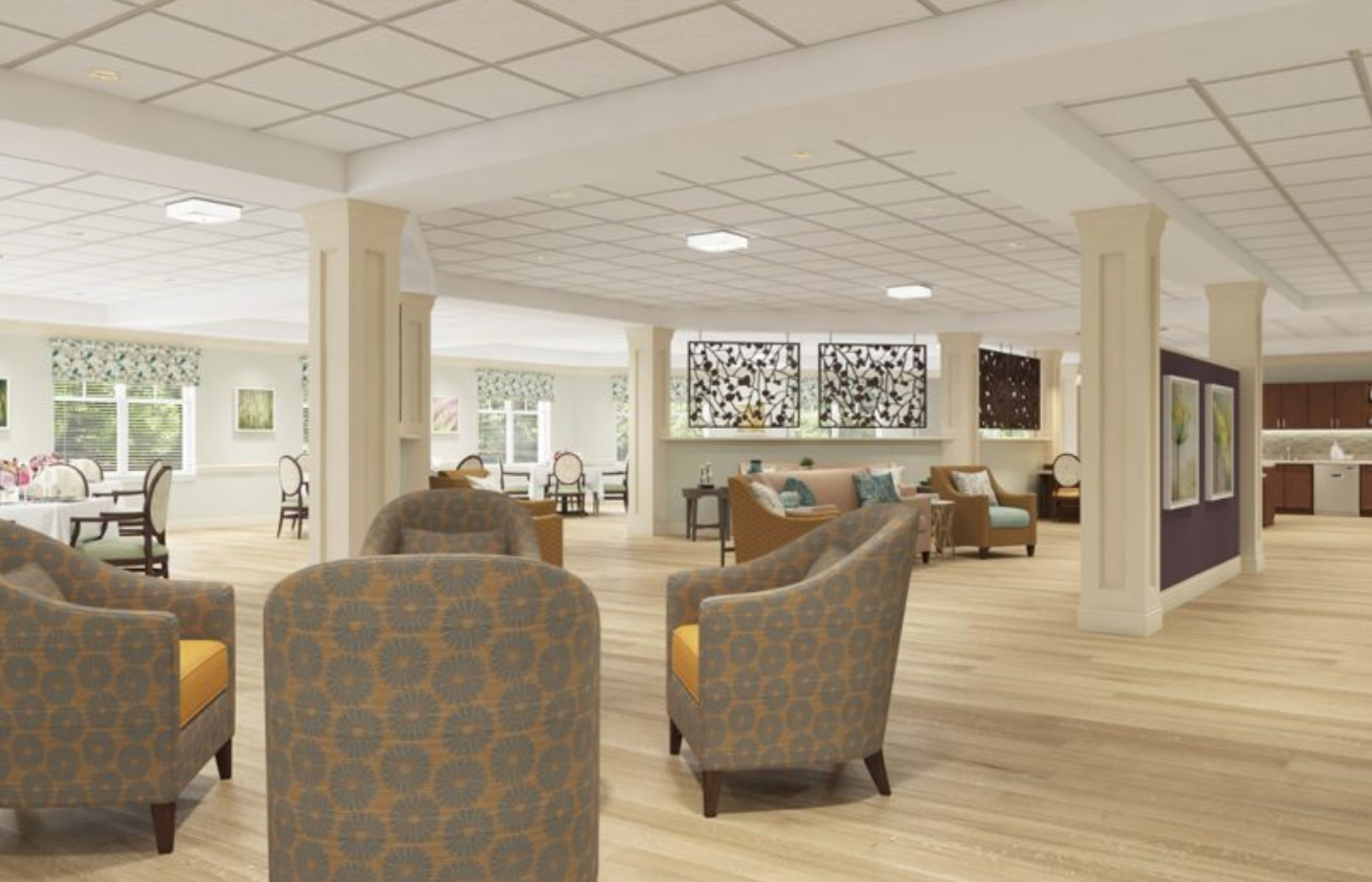 An artist 's impression of a living room with chairs and tables.