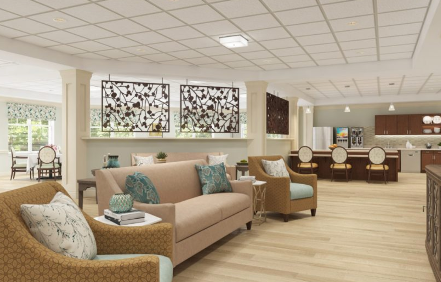 an artist 's impression of a living room with a couch and chairs .