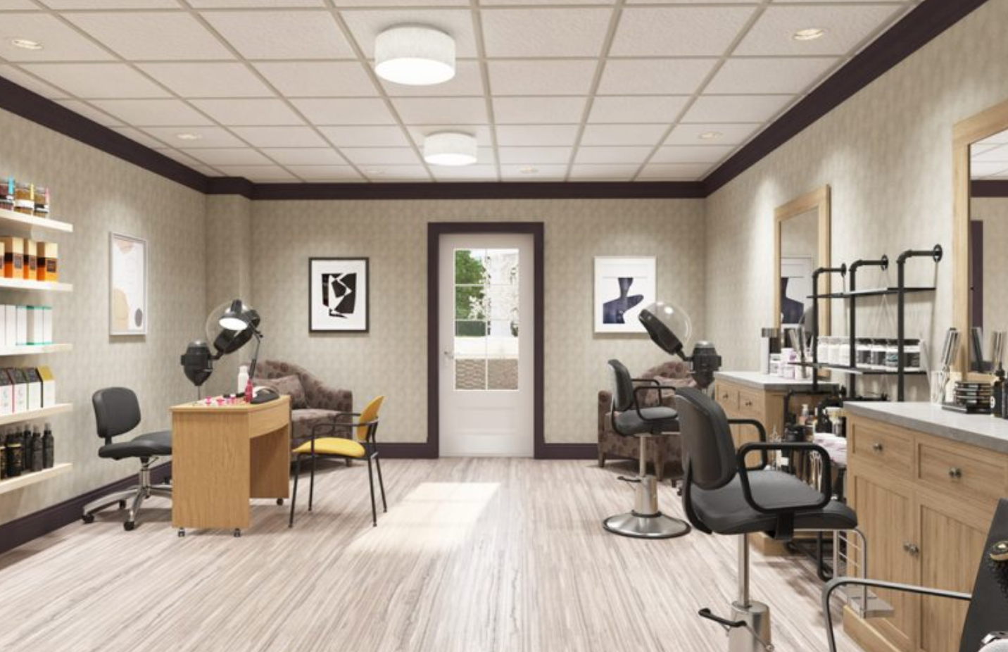 an artist 's impression of a hair salon with chairs and a table .