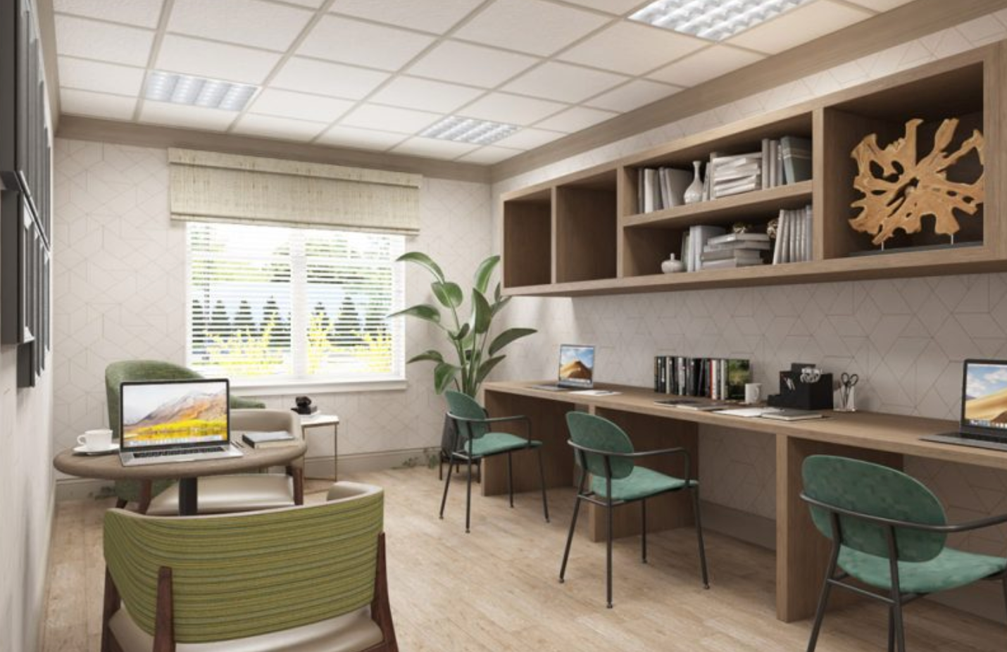 a room with two desks , chairs , a table and a window .