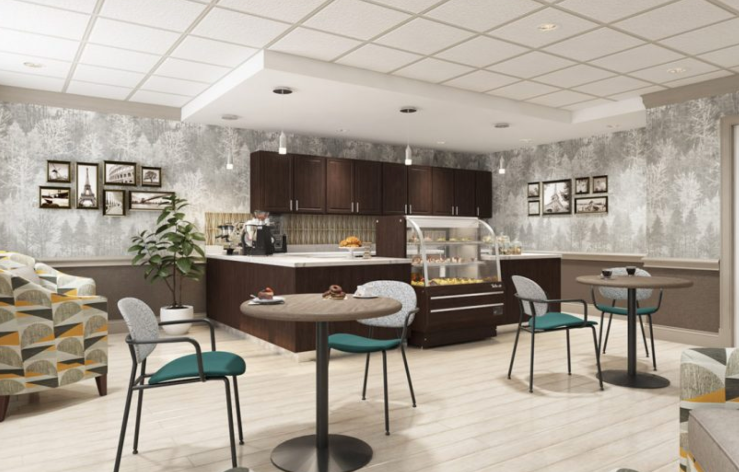 a kitchen with tables and chairs and a display case .