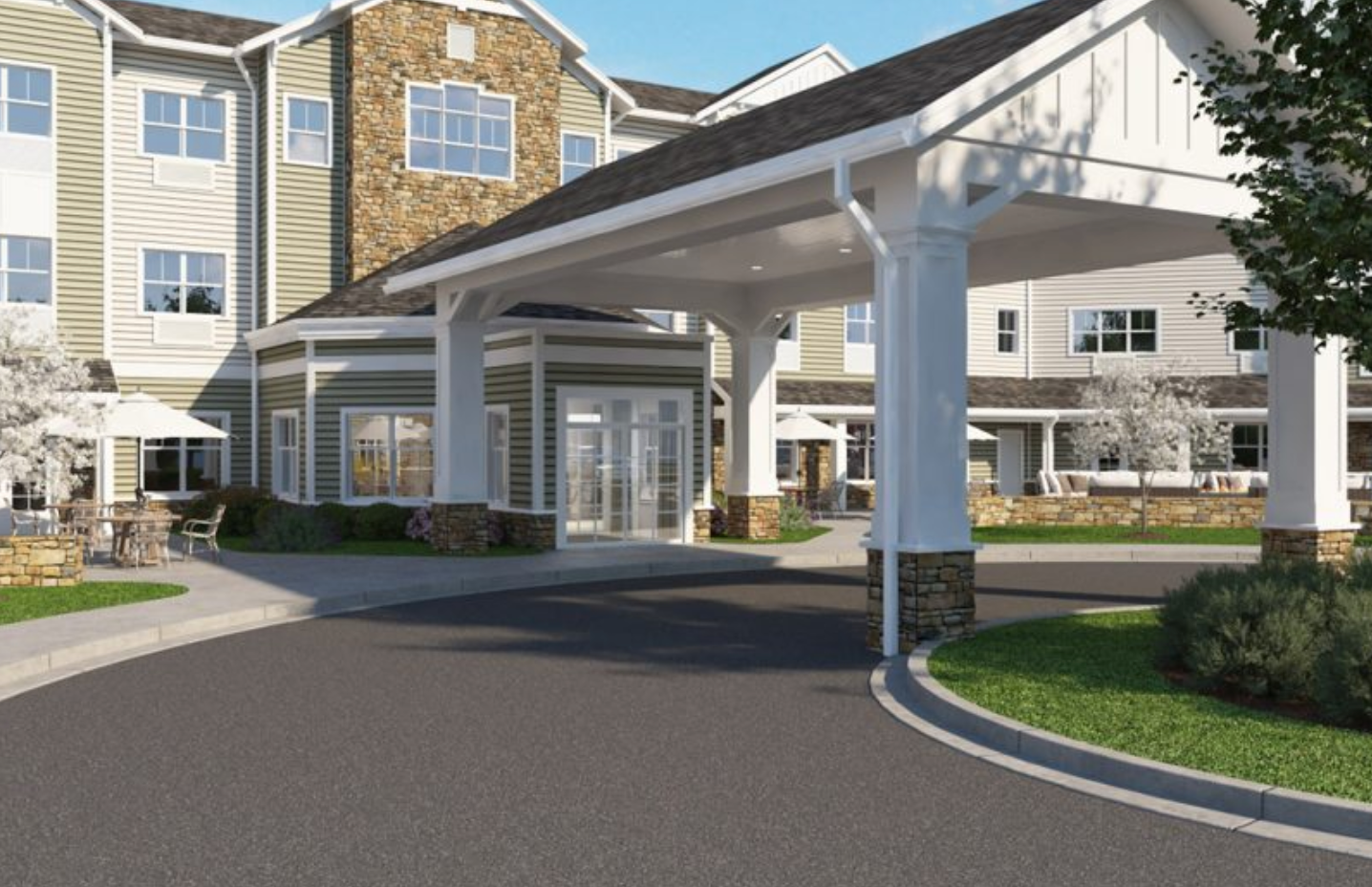 an artist 's impression of the entrance to a large apartment building .