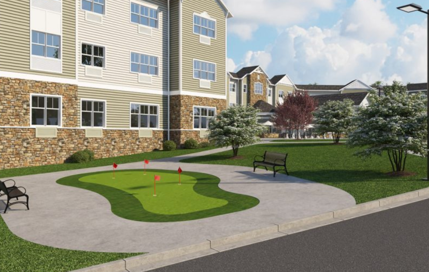 an artist 's impression of a putting green in front of a building .