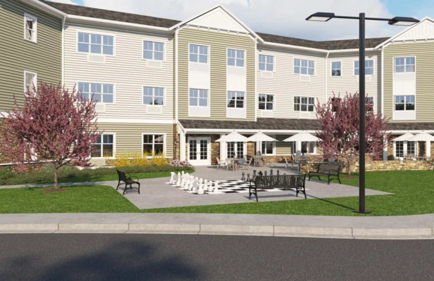 an artist 's impression of a large apartment building with a chess board in front of it .