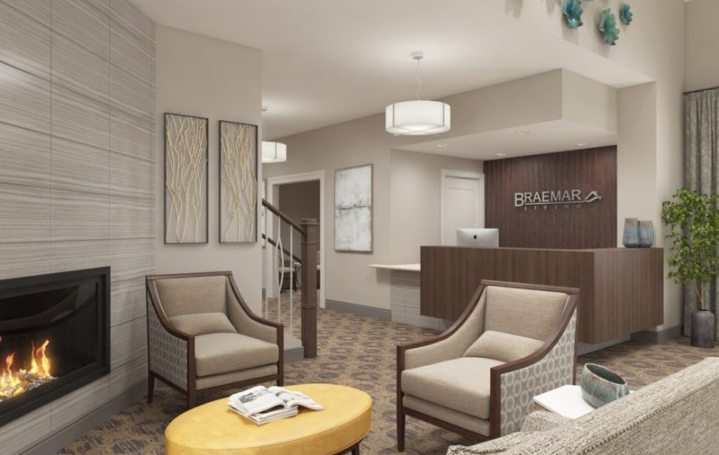 a living room with a fireplace , chairs , a table and a couch .