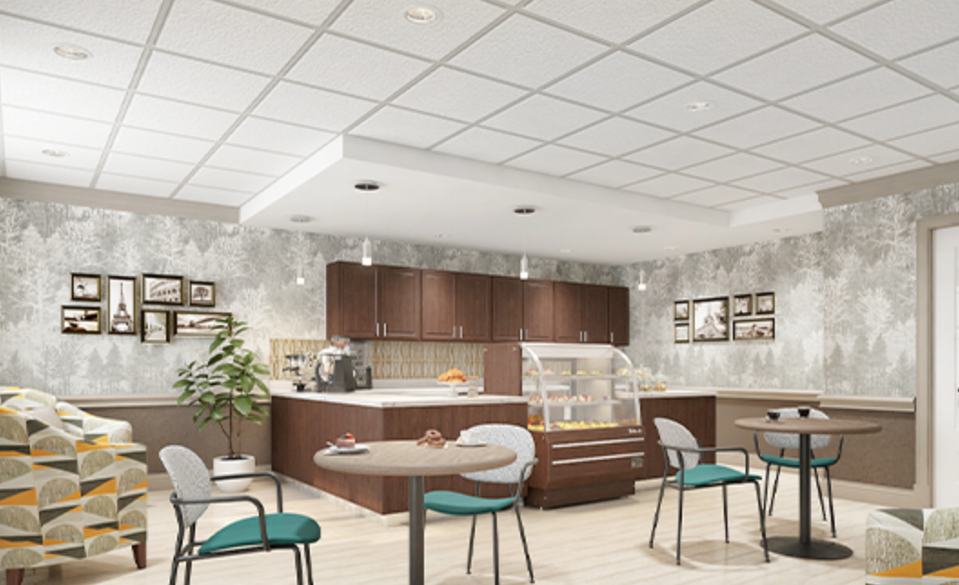 An artist 's impression of a kitchen with tables and chairs.