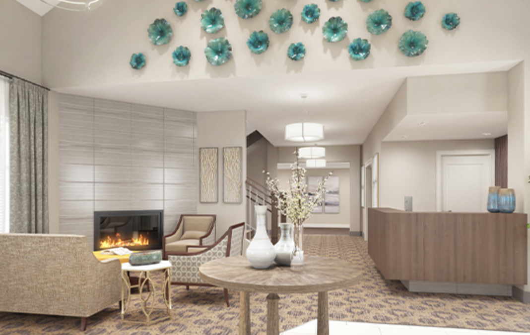 An artist 's impression of a living room with a fireplace and a table.