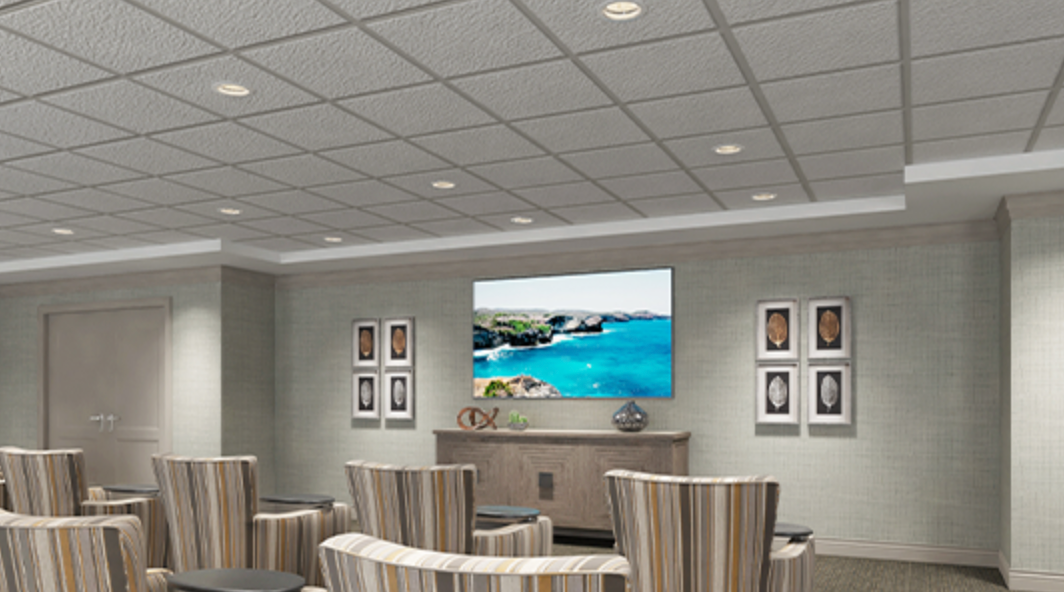 An artist 's impression of a living room with chairs and a flat screen tv.