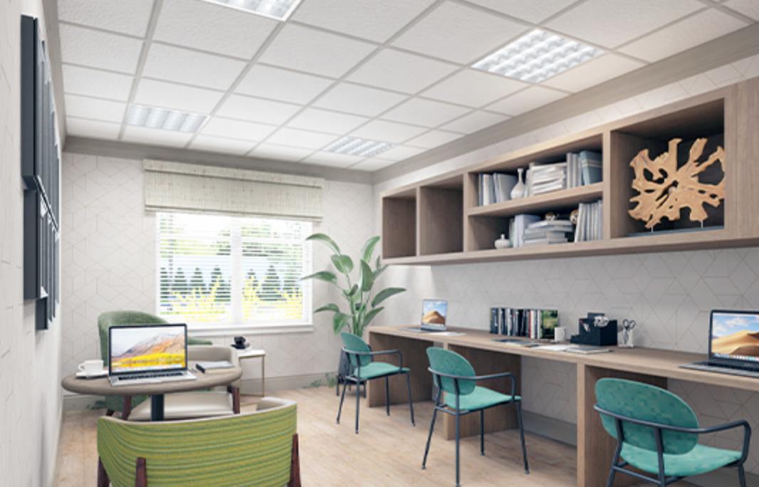 An artist 's impression of a room with two desks and two chairs.