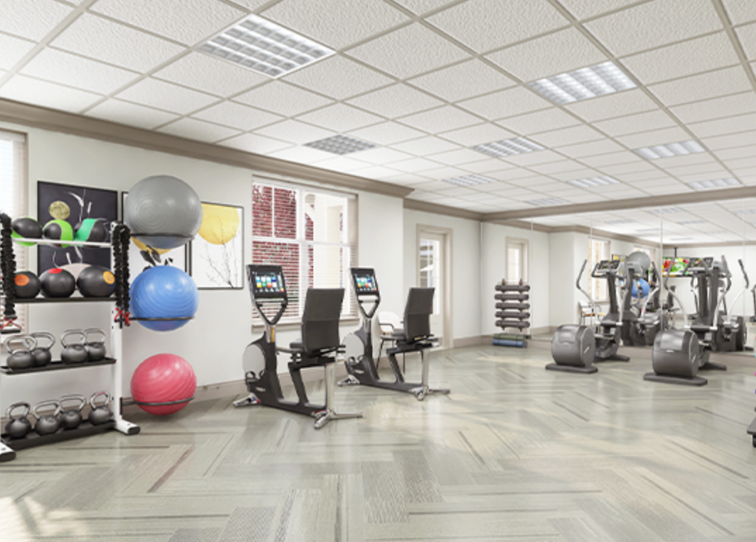 An artist 's impression of a gym with a lot of exercise equipment.