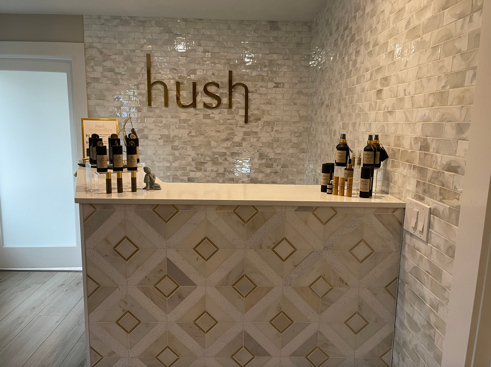 a counter in a room with a sign that says hush