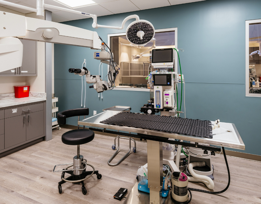 An operating room with a surgical table and a stool.