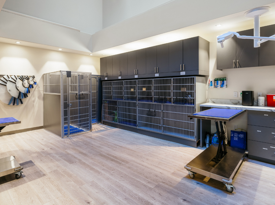 A large room with a lot of cabinets and a table in it.