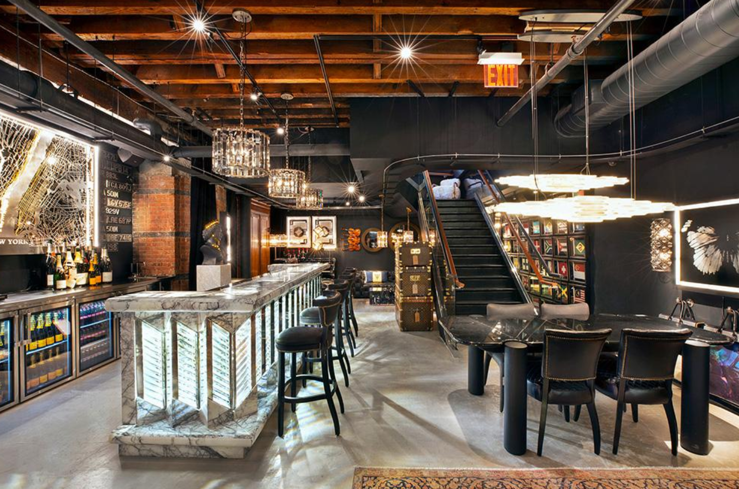 There is a staircase leading up to the second floor of the restaurant.