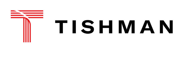 a logo for tishman with a red and white t on a white background