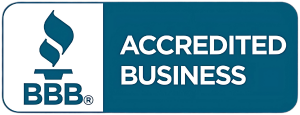 BBB Accredited Business logo. Blue and white with a flame symbol.