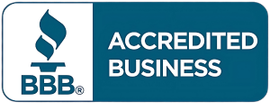 BBB Accredited Business logo. Blue and white with a flame symbol.
