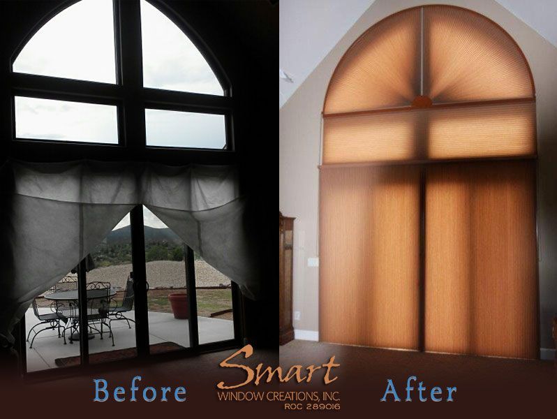 Before and after of a large arch window. Window open/dark before, closed/tan blinds after.