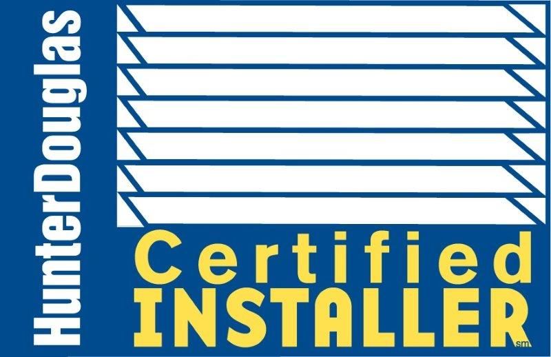 Hunter Douglas Certified Installer badge. Blue and yellow text, window design.