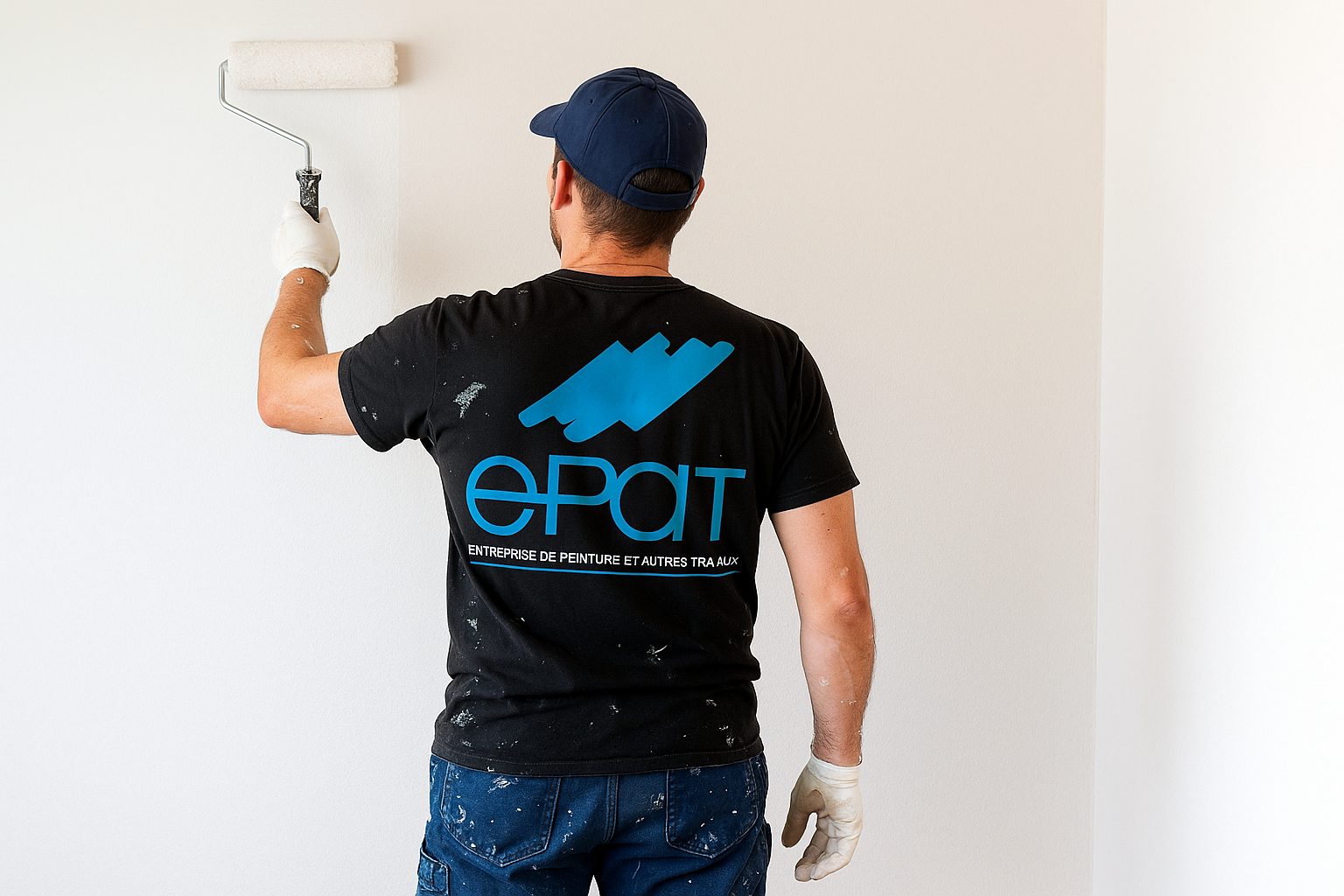 Personne peignant un mur blanc avec un rouleau à peinture, portant une casquette bleue et un t-shirt noir avec logo.