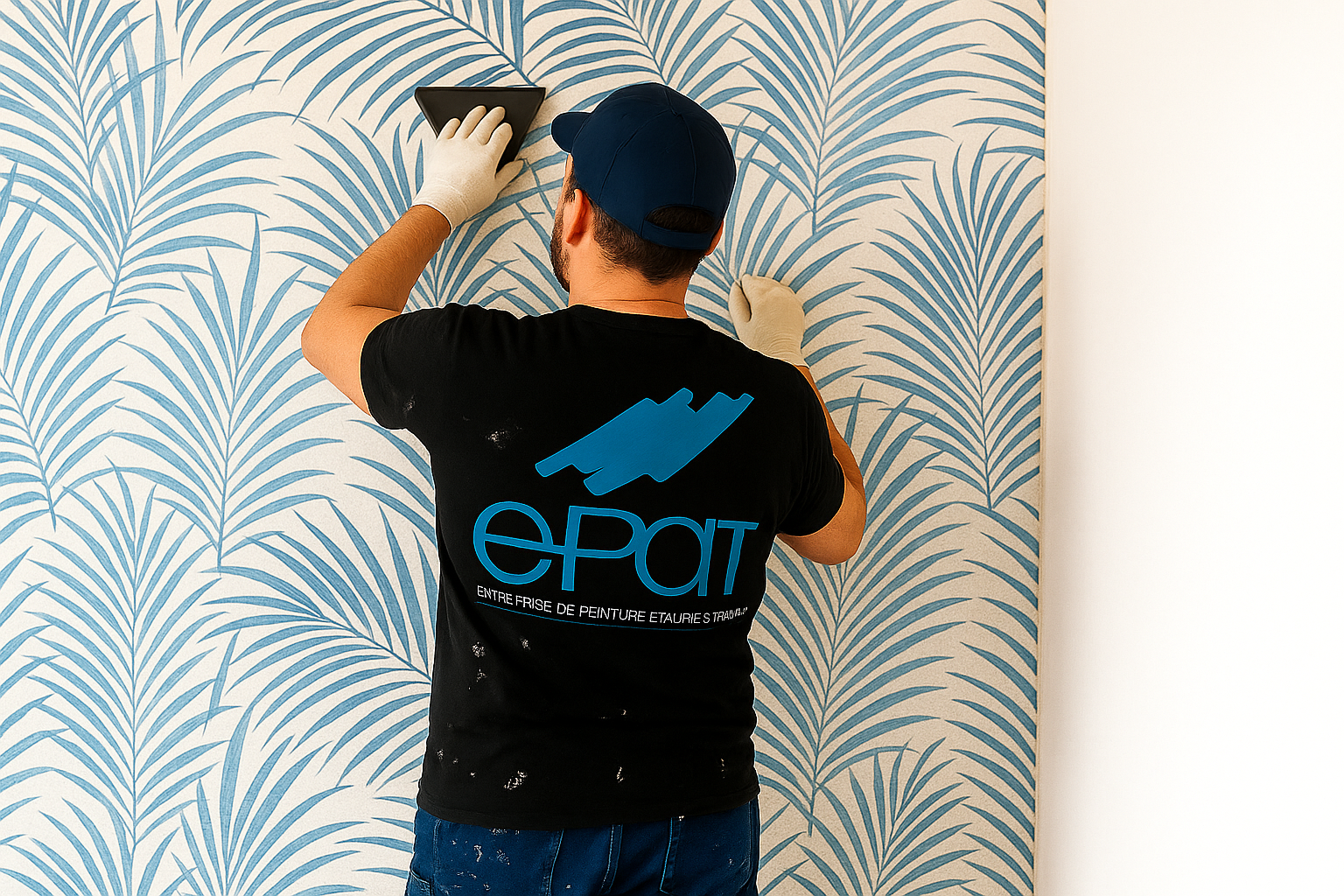 Homme lissant du papier peint avec une truelle ; motif feuille de palmier bleu, portant un t-shirt noir avec logo.