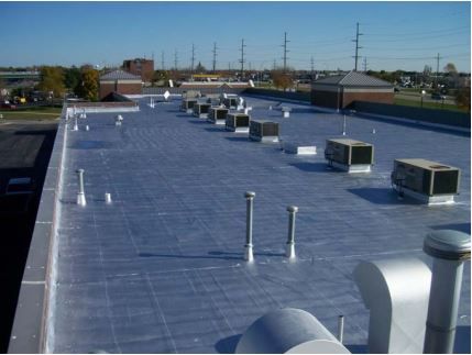 Flat, gray commercial roof with HVAC units and various vents under a blue sky.