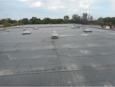 Flat commercial roof with vents and skylights, overcast sky.