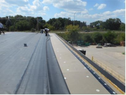 Workers installing roofing material on a flat roof. They are near a building’s edge and surrounding trees.