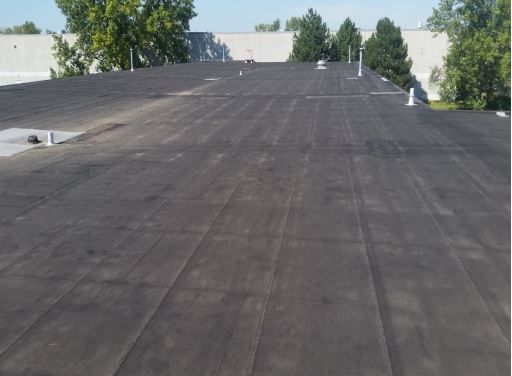 Flat, dark asphalt roof on a building, with multiple vents and surrounding trees.