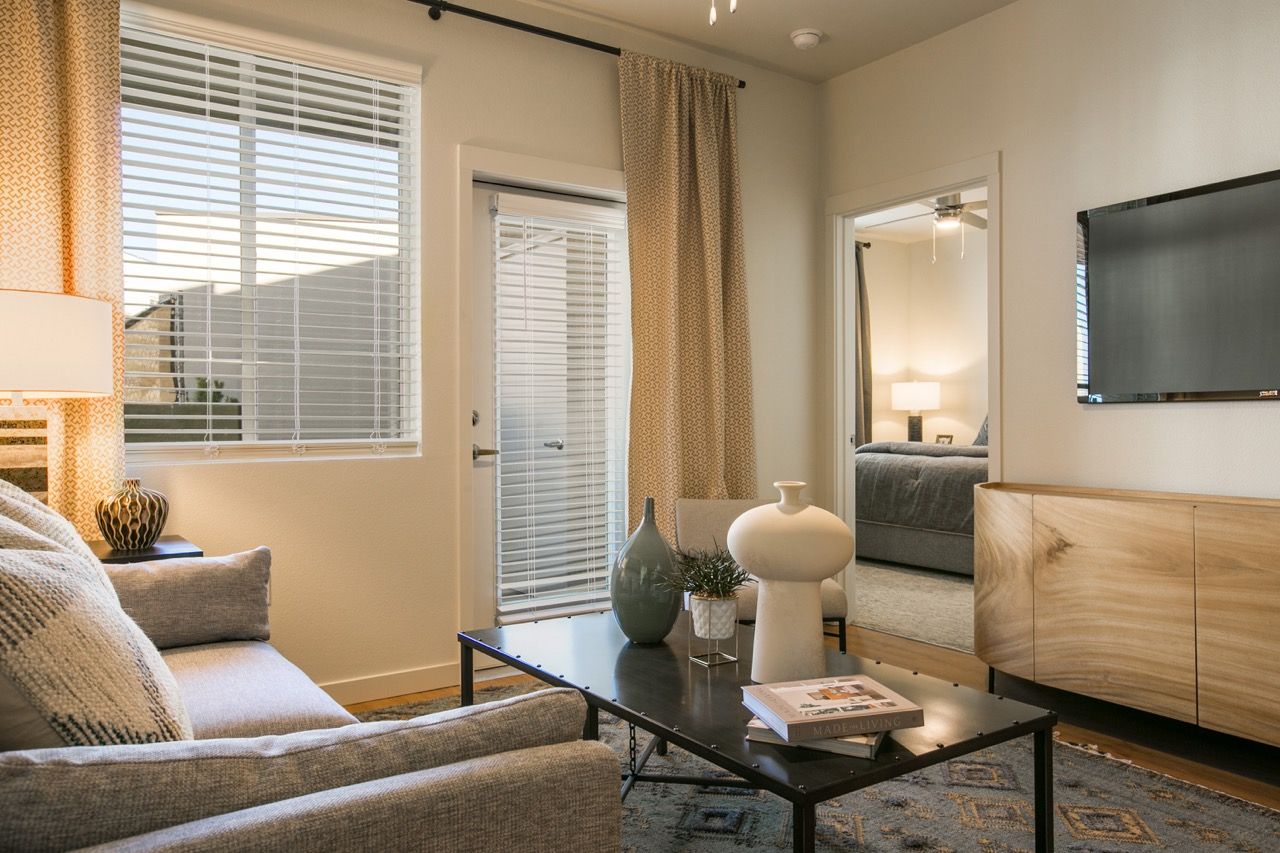 Living room in an apartment with a gray sofa, coffee table, TV, and doorway to a bedroom.