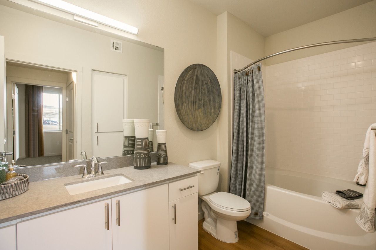 Bathroom with vanity, sink, mirror, toilet, and tub/shower with a curved rod.