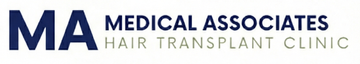 Logo for Medical Associates Hair Transplant Clinic, featuring navy blue 
