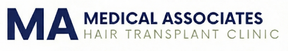 Logo for Medical Associates Hair Transplant Clinic, featuring navy blue 