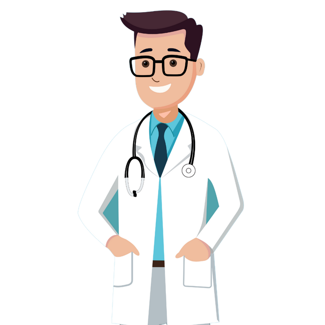 A smiling doctor in a white lab coat with a stethoscope around their neck, wearing glasses.