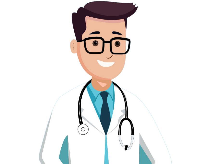 A smiling doctor in a white lab coat with a stethoscope around their neck, standing with hands in their pockets.