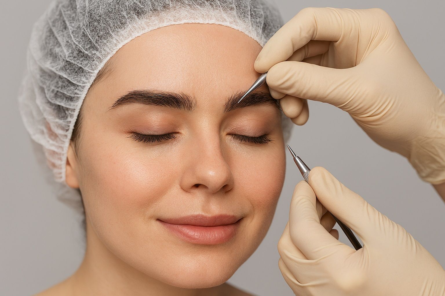 Person getting eyebrows shaped with tools, wearing gloves and hairnet, eyes closed.