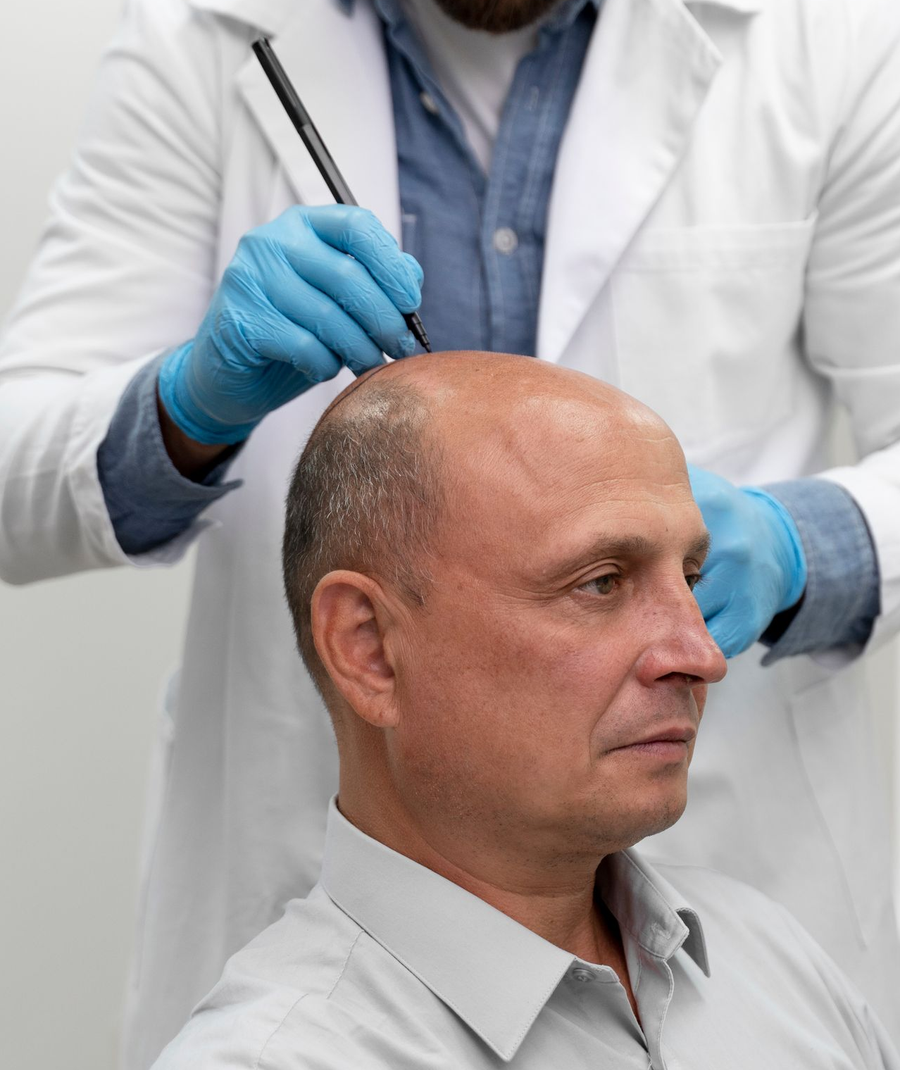 A gloved hand uses a fine-tipped tool to apply a substance to a small patch on a person's skin.