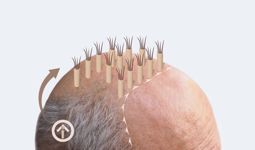 An illustration shows hair follicles being moved from the back of the scalp to a thinning area on top.