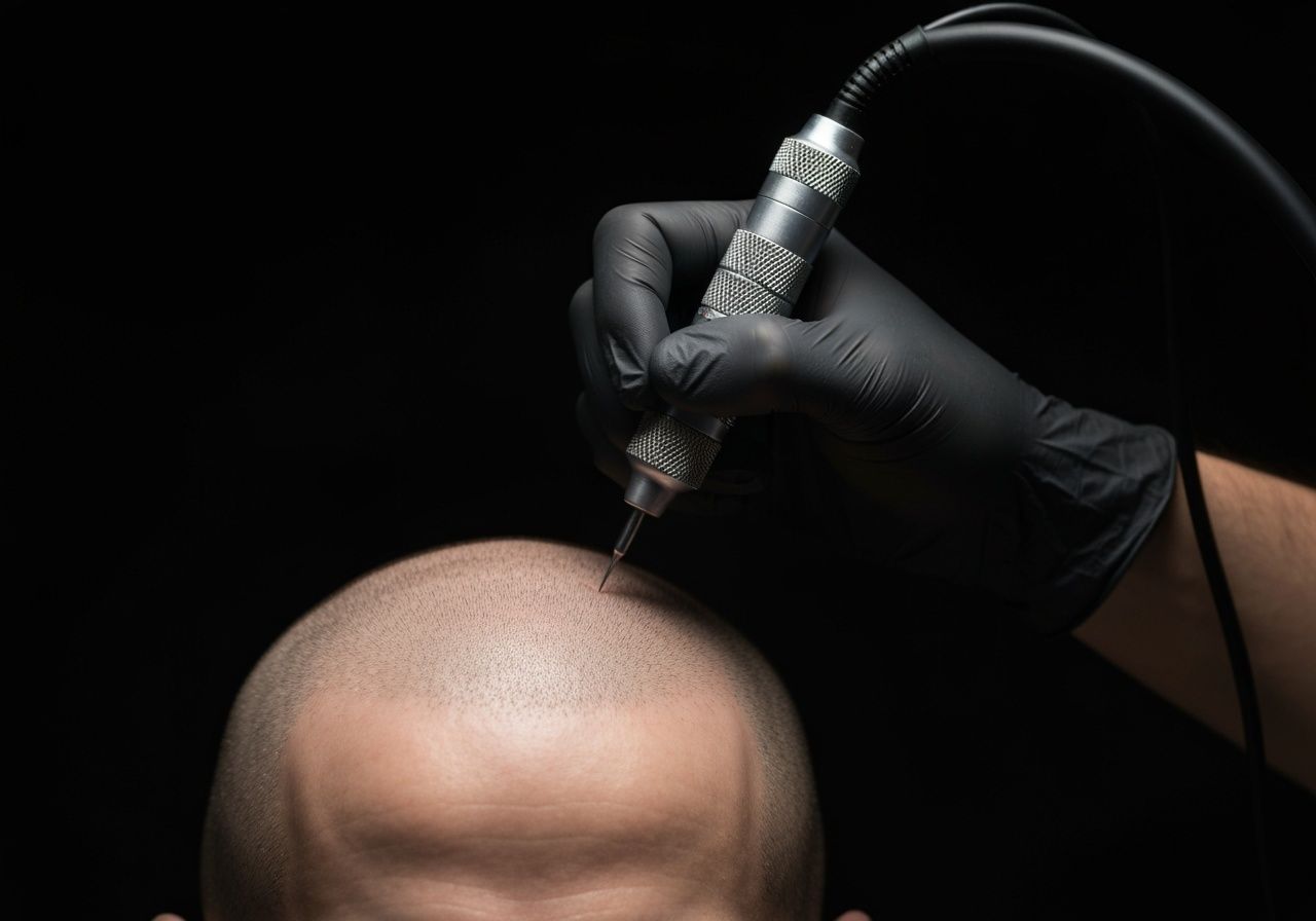 A person's bald head being tattooed with a scalp micropigmentation device by a gloved hand.