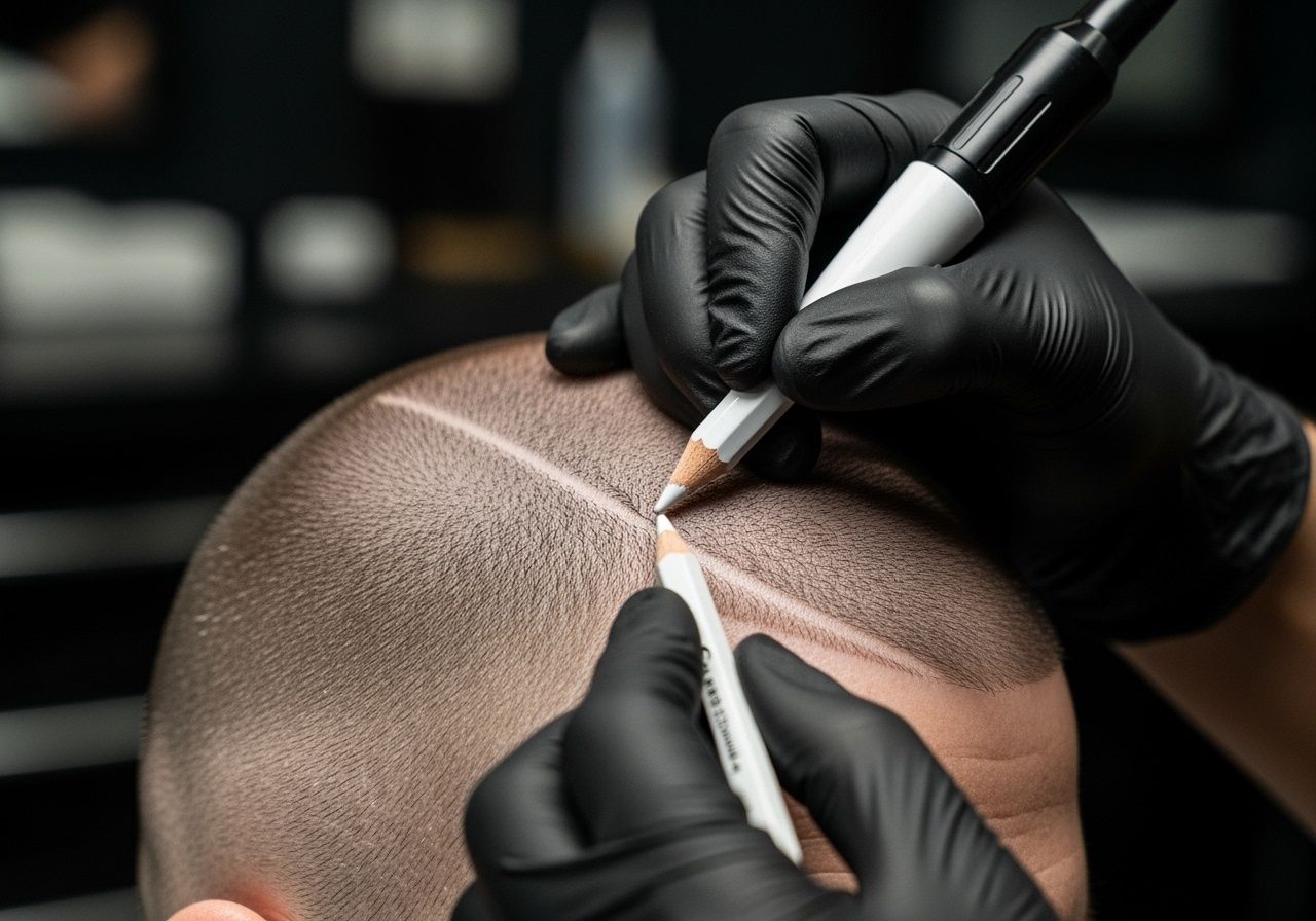 Hands in black gloves marking a scalp with white pencils, preparing for a procedure.