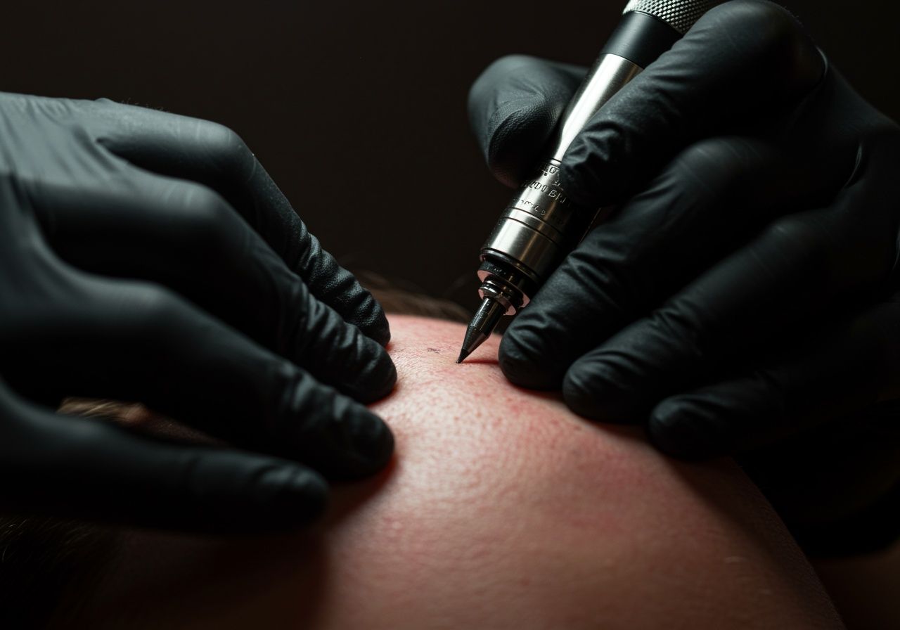 Hands in black gloves holding a tattoo pen, applying ink to skin.