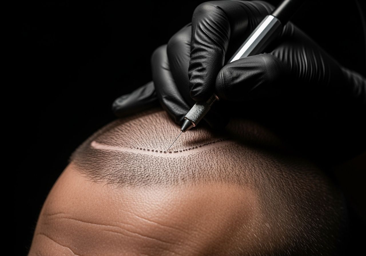 Black-gloved hand using a tattoo pen to add pigment dots to a person's scalp, simulating hair follicles.