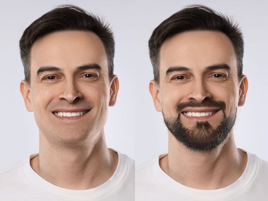 Side-by-side comparison of the same person clean-shaven on the left and with a groomed beard on the right.